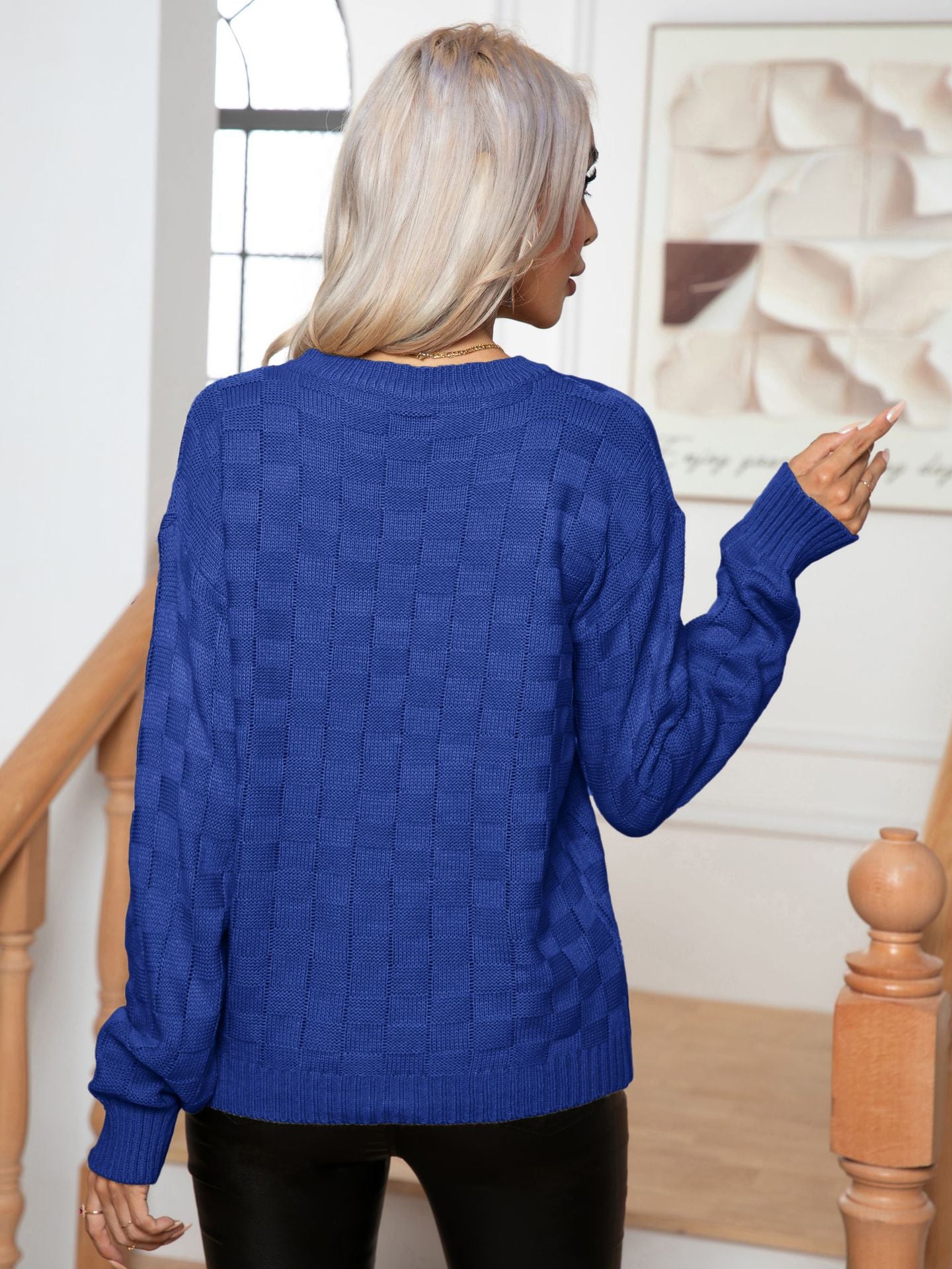 Women's casual knit sweater with check pattern and wide flared sleeves Ivyshape