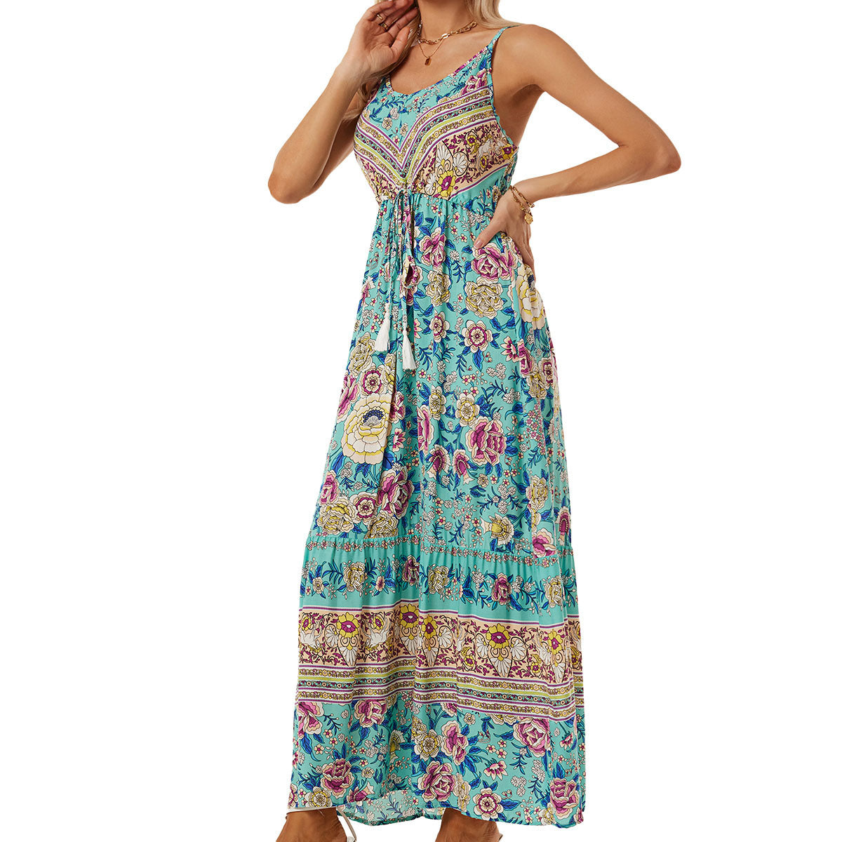Women's Flower Bohemian Maxi Dress with Adjustable Strap Ivyshape