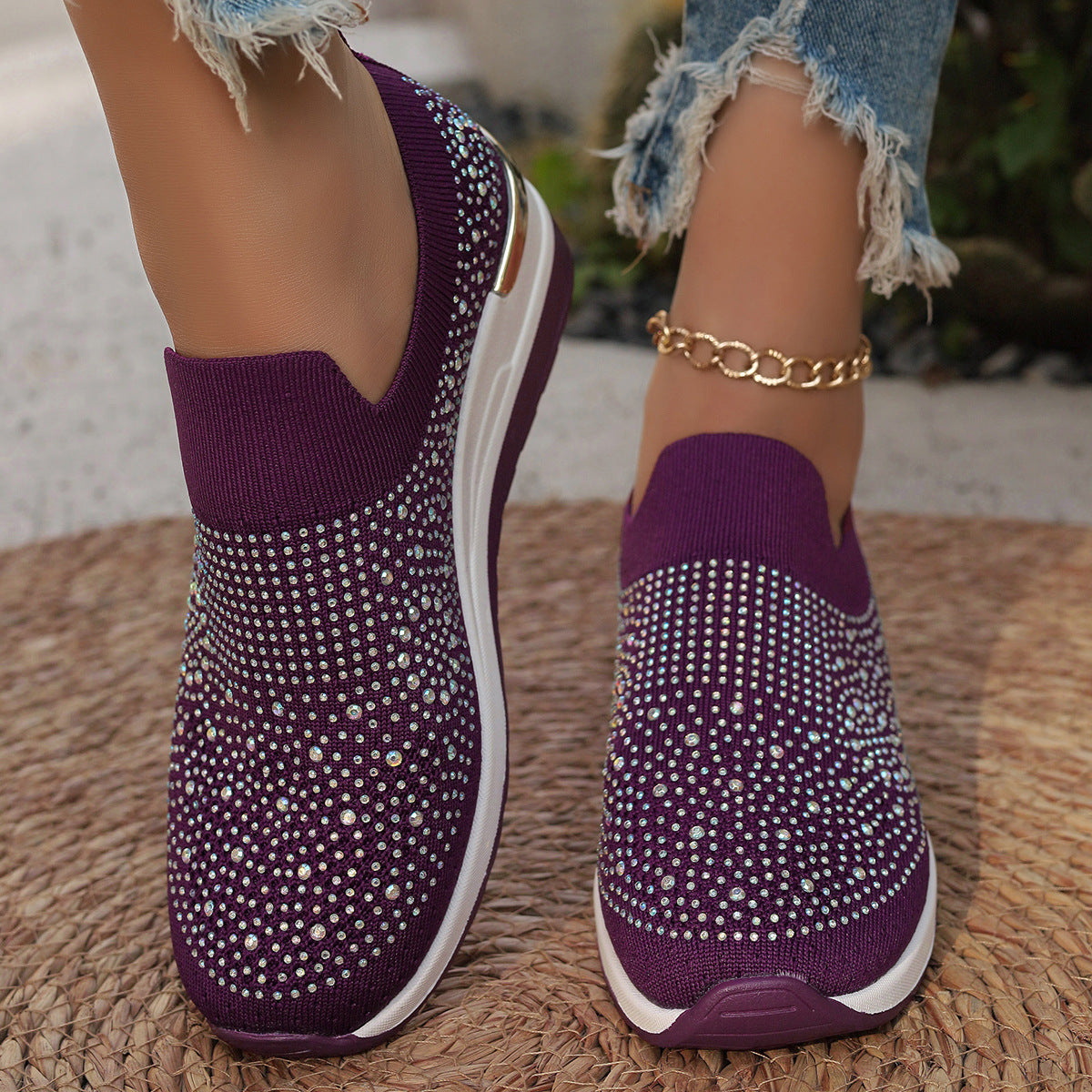 Women Elegant Slip-On Sneakers with rhinestone-embellished details and non-slip sole Ivyshape