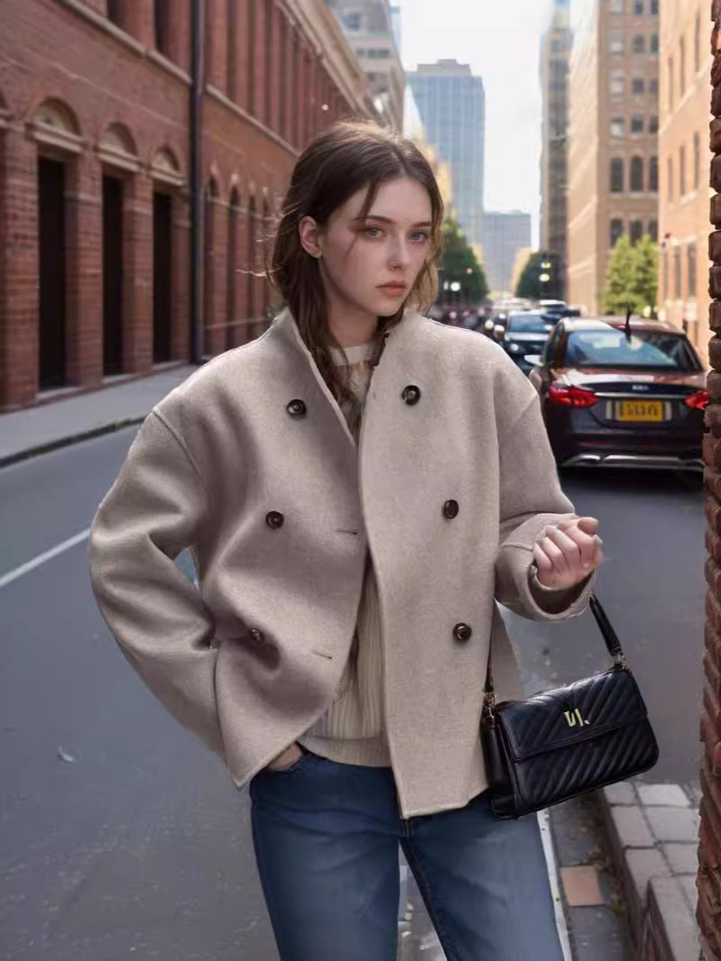 Women's fashionable wool jacket with double button placket and elaborate cut Ivyshape