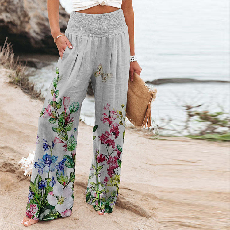 Women's Wide Summer Trousers with Floral Designs and Elastic Waistband Ivyshape