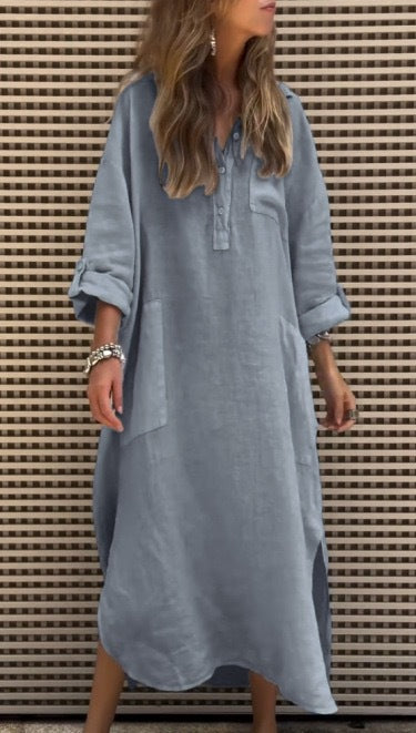 Ladies casual linen dress with button placket and pockets Ivyshape