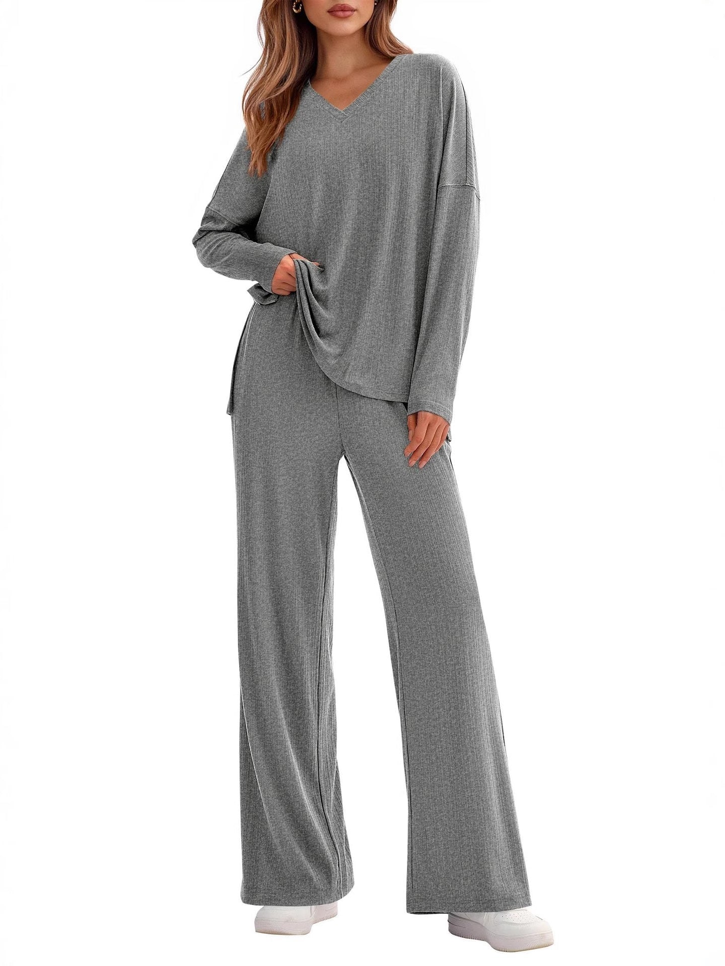 Women's two-piece suits casual fashion loose long-sleeved tops wide-leg pants Ivyshape