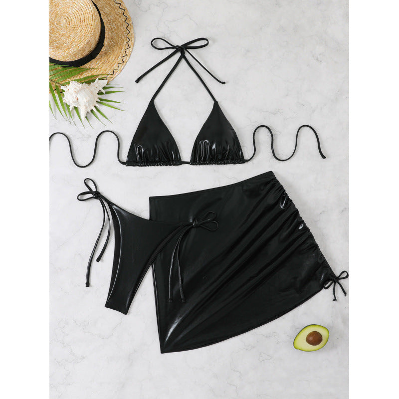 Women's bikini set with shimmering triangle top and fashionable wrap skirt Ivyshape