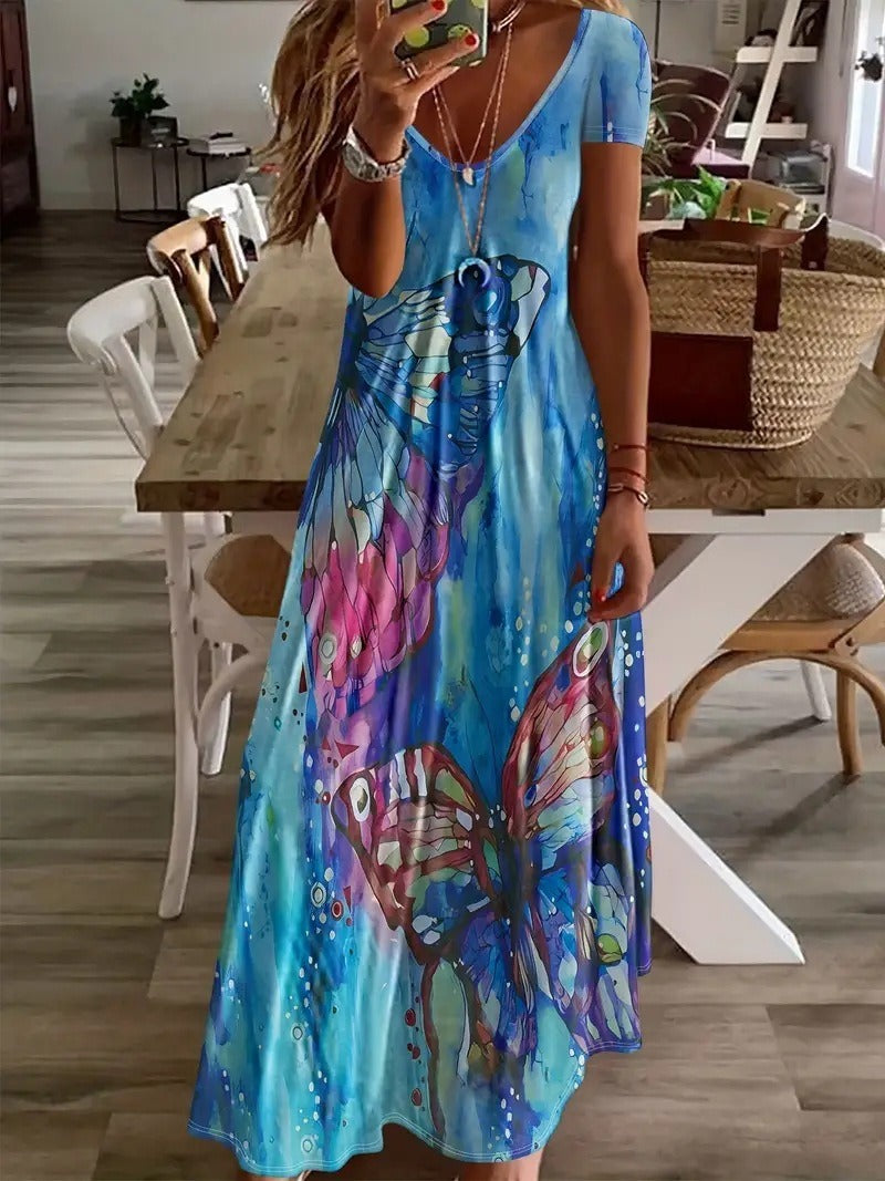 Women's maxi dress with tropical butterfly print and flowing cut Ivyshape