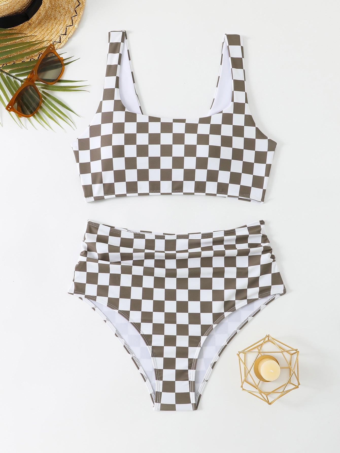 Women's High-Waisted Bikini Set with Check Pattern Ivyshape