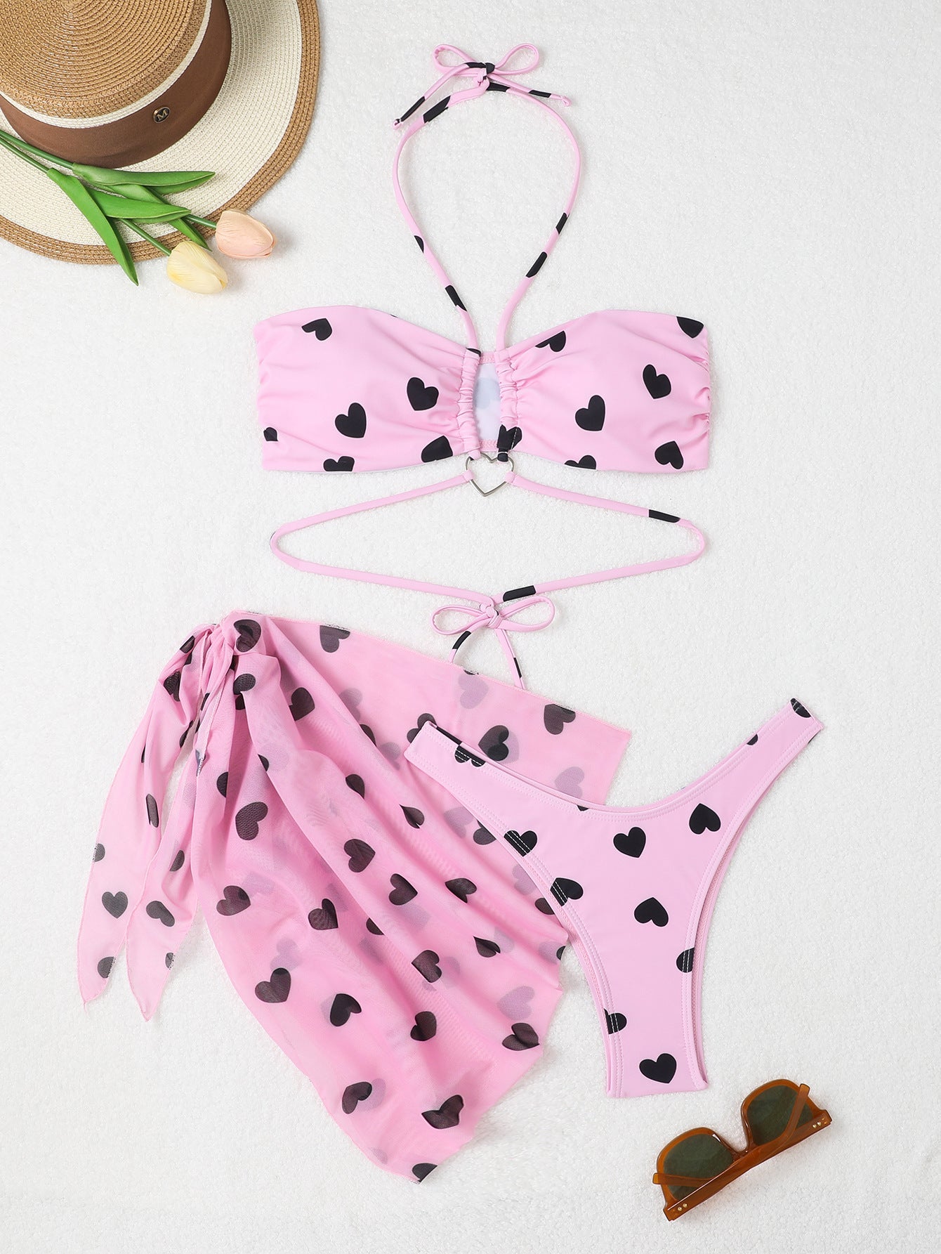 Women's bandeau bikini set with heart pattern and matching wrap Ivyshape