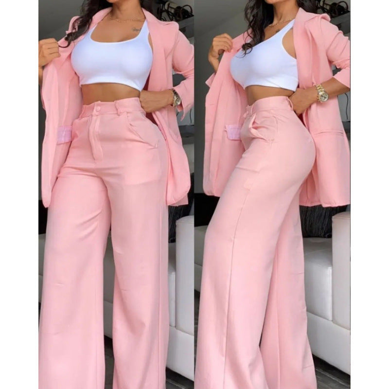 Ladies Elegant Two-Piece Set with Wide Leg Trousers and Tailored Blazer Ivyshape