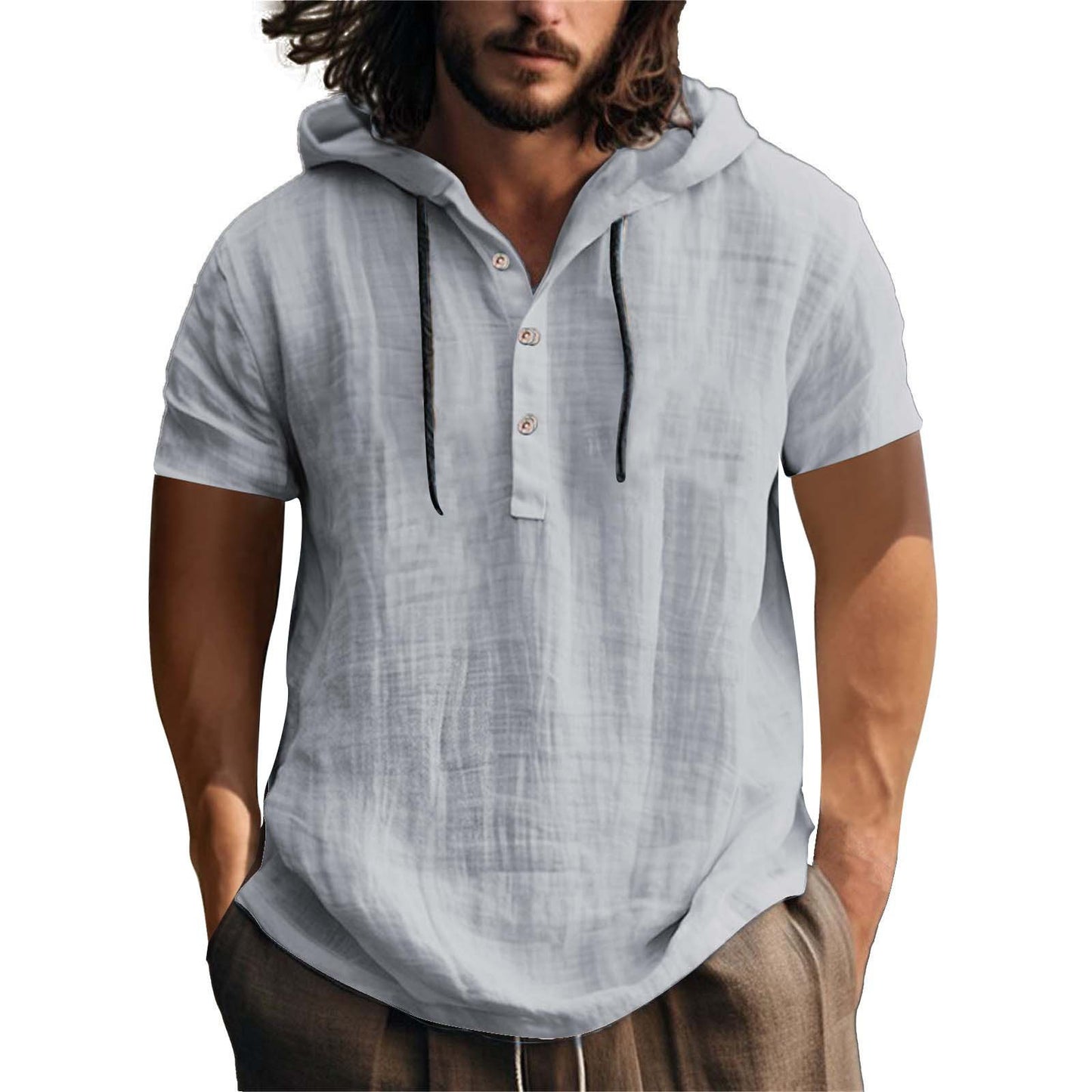 Men's Casual Short Sleeve Hoodie with Placket Ivyshape