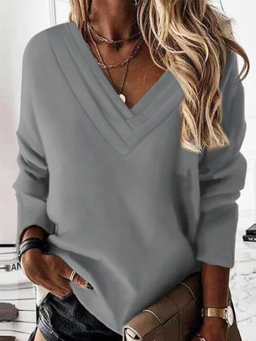 Women Casual V-neck Sweater with Elegant Pleats Ivyshape