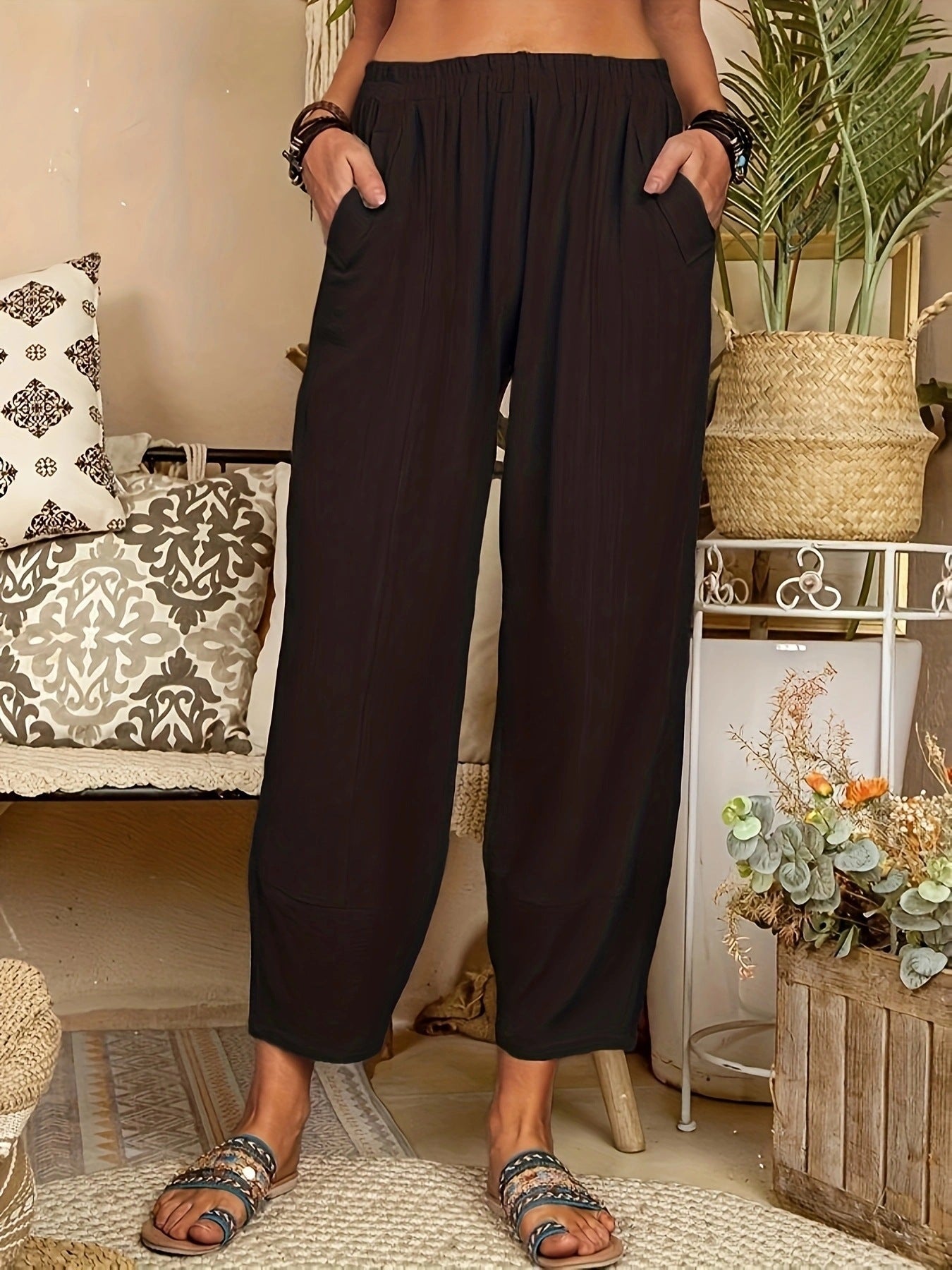 Women casual chino pants with elastic waistband and practical side pockets Ivyshape