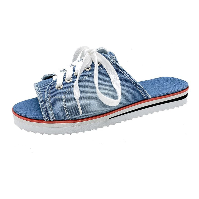 Ladies casual sneaker slippers with trendy denim and practical lacing Ivyshape