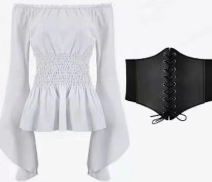 Women Off-Shoulder Top with Elegant Bell Sleeves and Elastic Waist Ivyshape