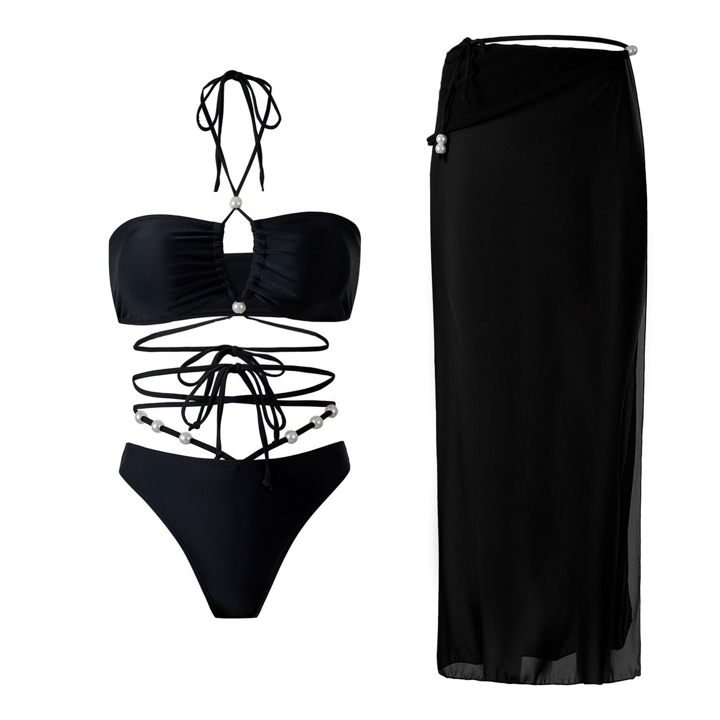 Women's bikini set with sophisticated tie design and sheer wrap skirts Ivyshape