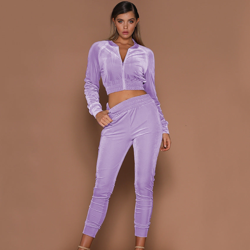 Ladies Velour Loungewear Set with high-collar jacket and elastic waistband Ivyshape
