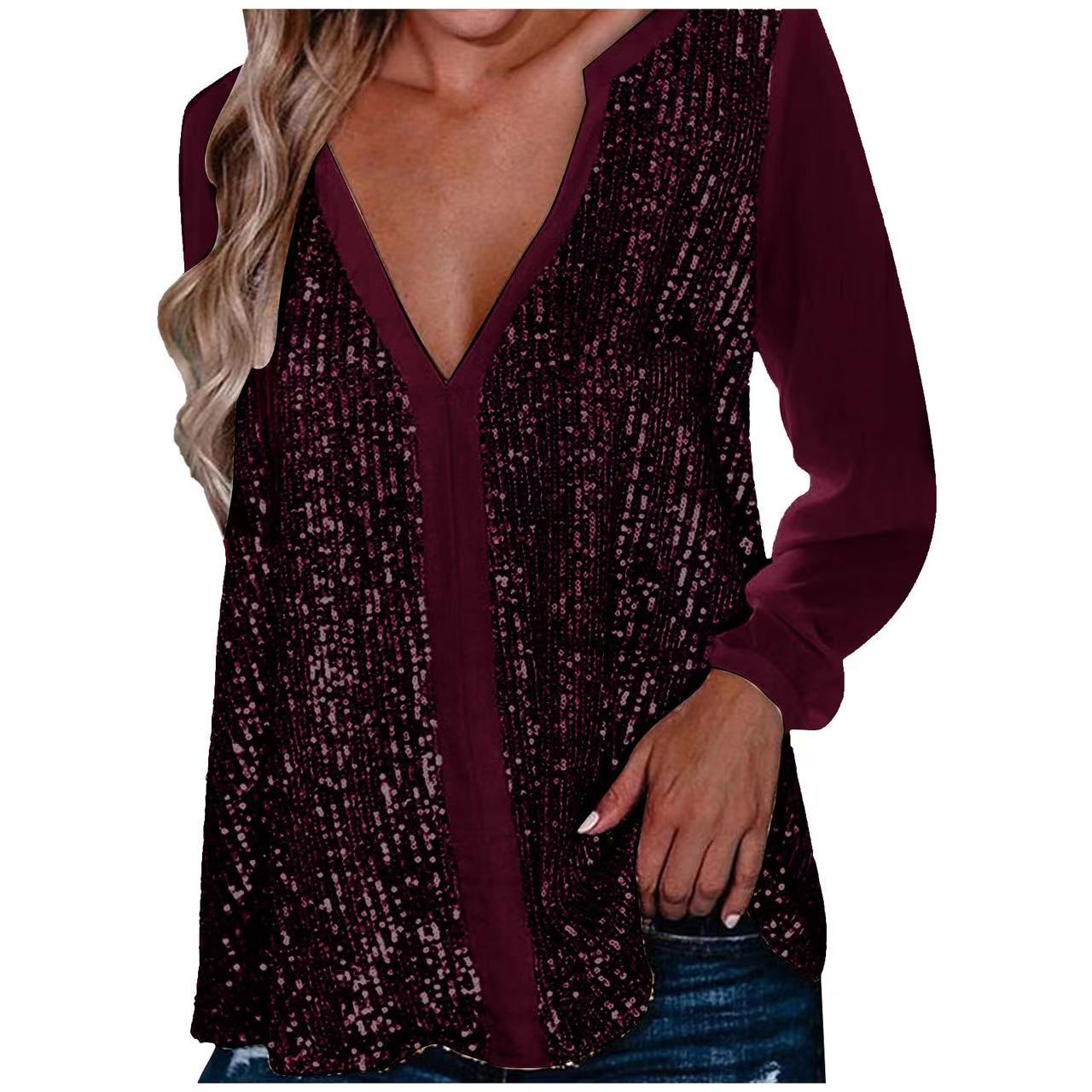 Ladies' fashionable, glamorous top with V-neck and glitter details Ivyshape