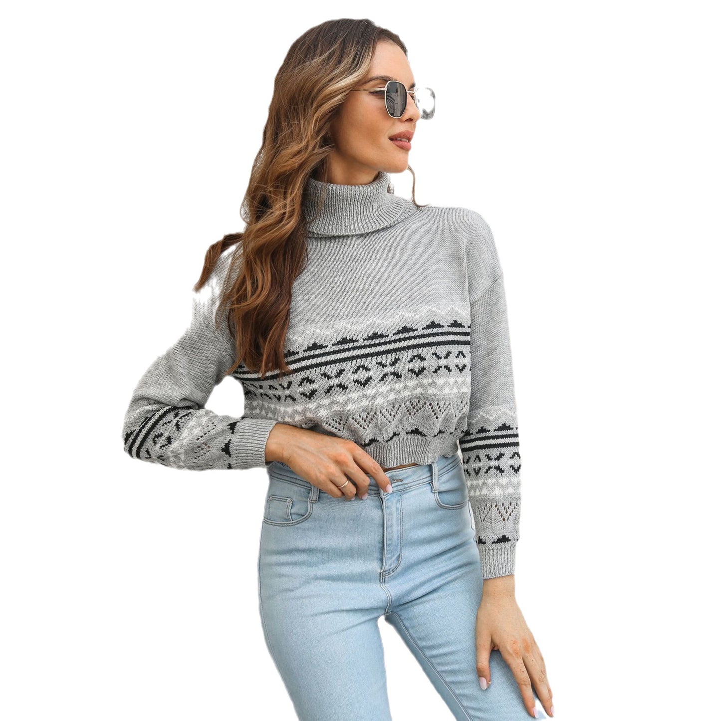 Ladies fashionable knit sweater with high collar and graphic design Ivyshape