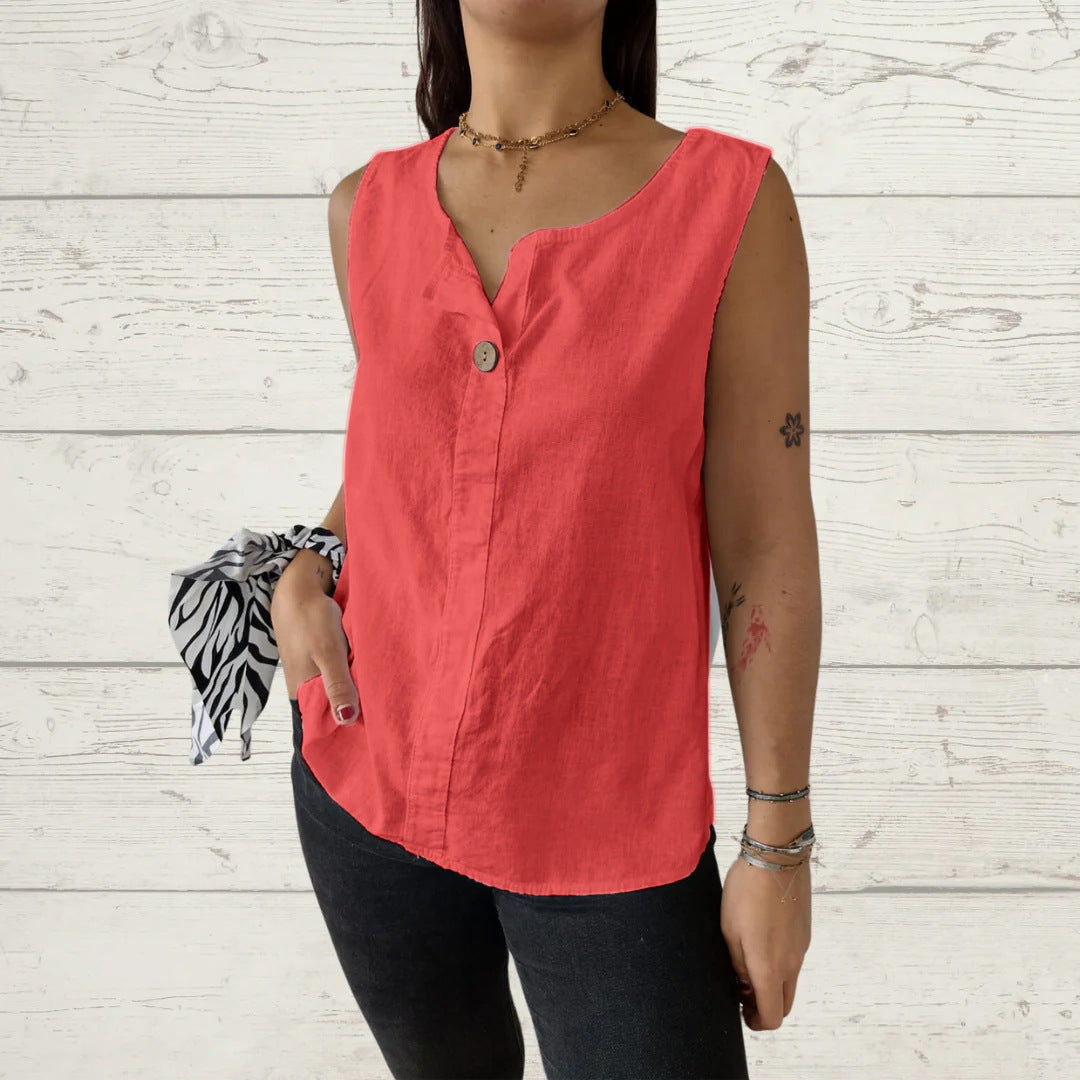 Women Light, Sleeveless Linen Blouse with Button Details Ivyshape