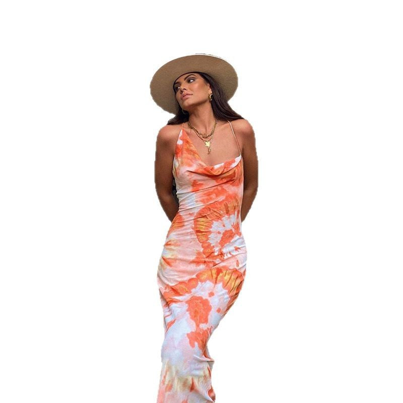 Ladies elegant summer dress with sophisticated waterfall neckline and unique tie-dye pattern Ivyshape