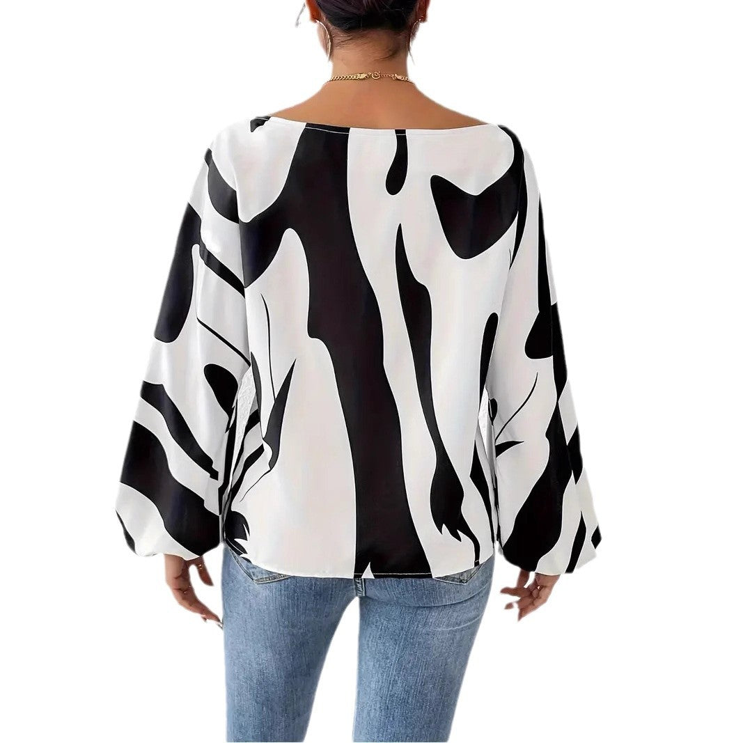 Women's satin blouse with asymmetrical cut and eye-catching print Ivyshape