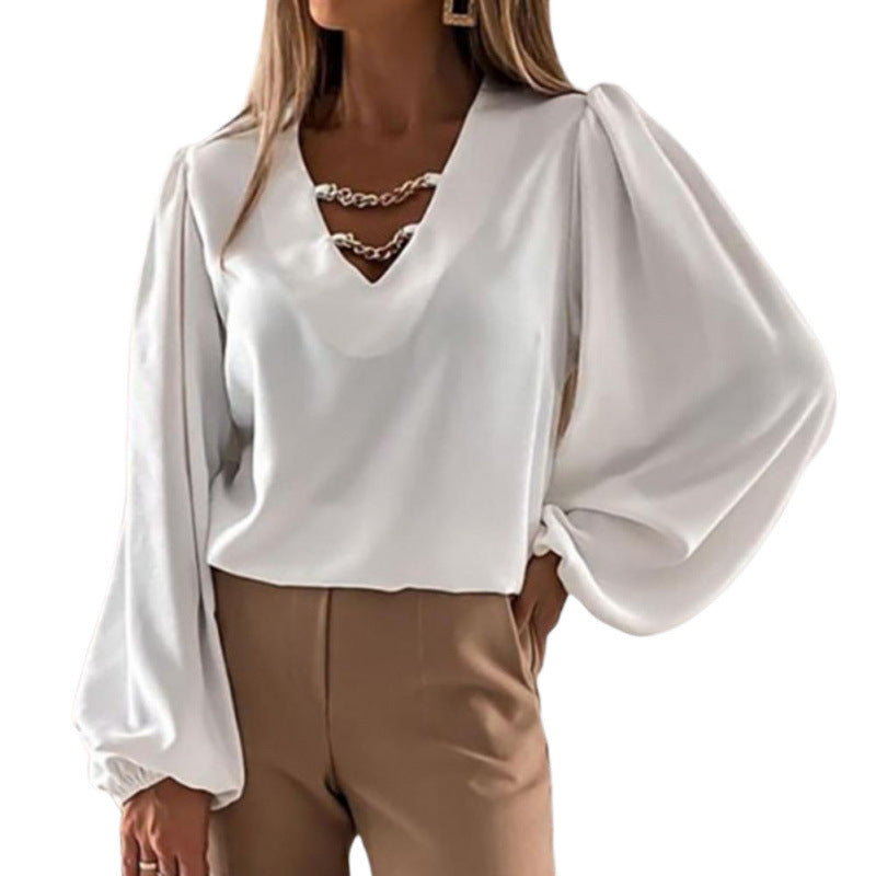 Women elegant V-neck blouse with chain detail Ivyshape