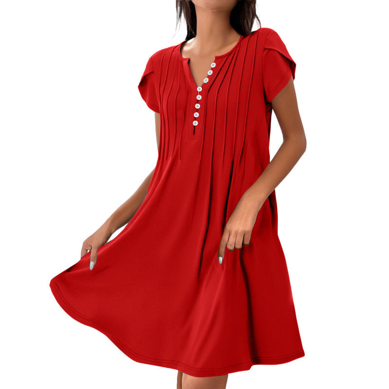 Women's Casual Short Sleeve Dress with Pleated Details and Button Placket Ivyshape