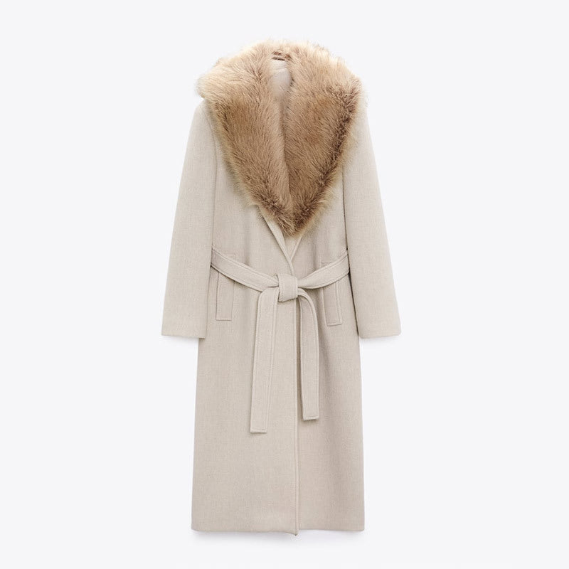 Women Elegant Trench Coat with Cozy Faux Fur Collar and Adjustable Belt Ivyshape