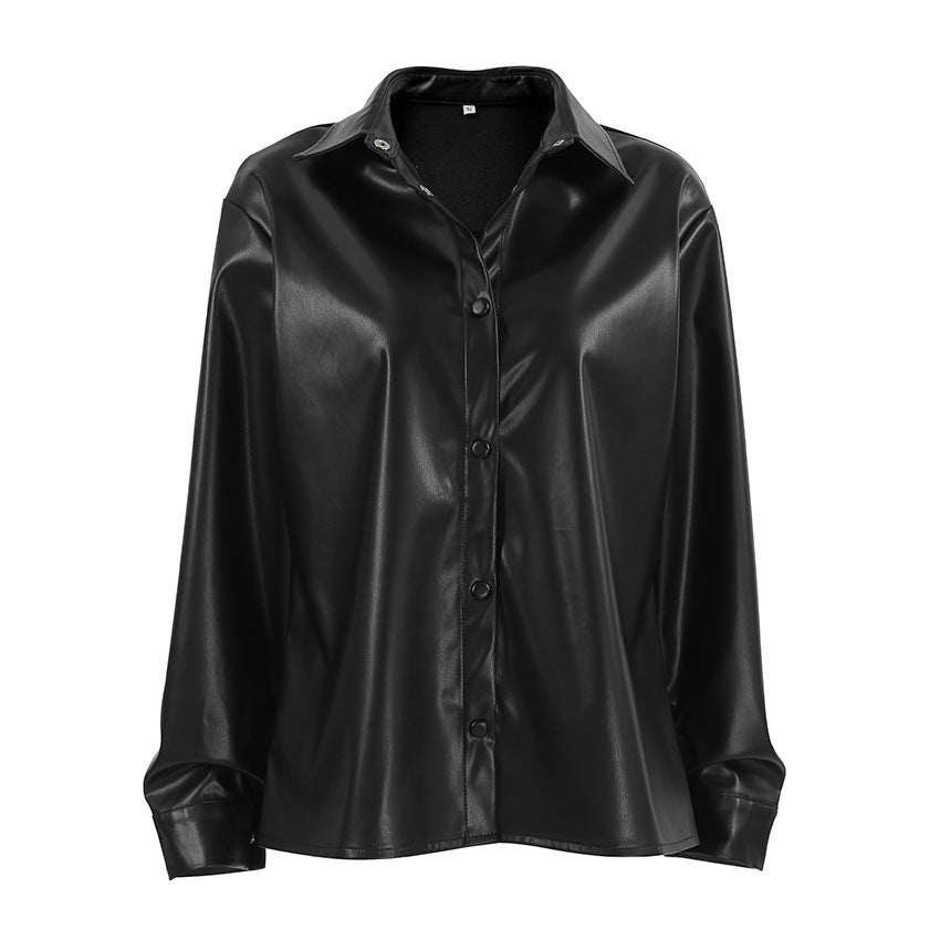Women Faux Leather Shirt Blouse Ivyshape