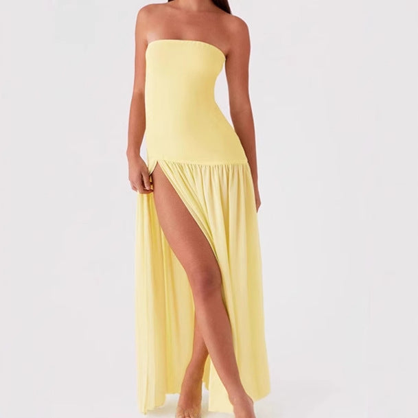Women Elegant Strapless Maxi Dress with High Slit and Flowing Fabric Ivyshape