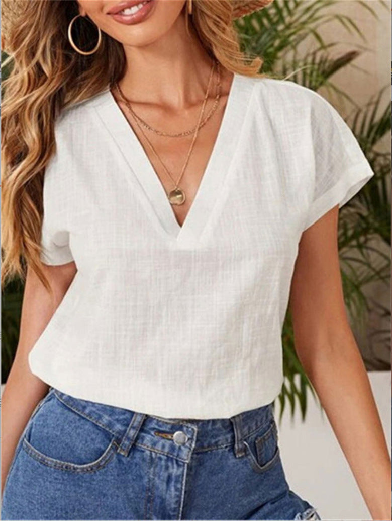 Women loose V-neck summer top with short sleeves Ivyshape