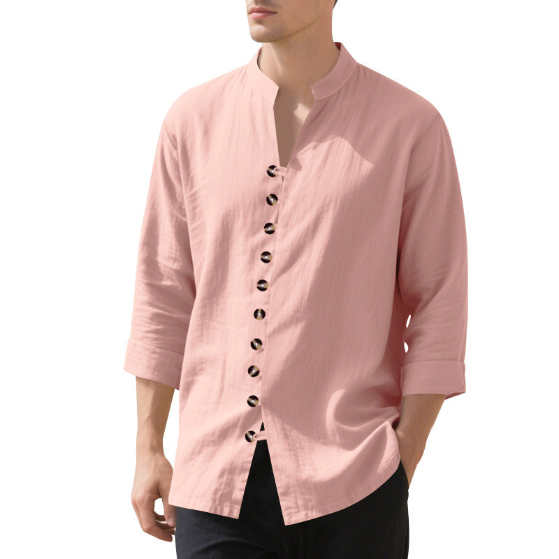 Men's stylish long-sleeve shirt with fashionable stand-up collar and unique button detail Ivyshape