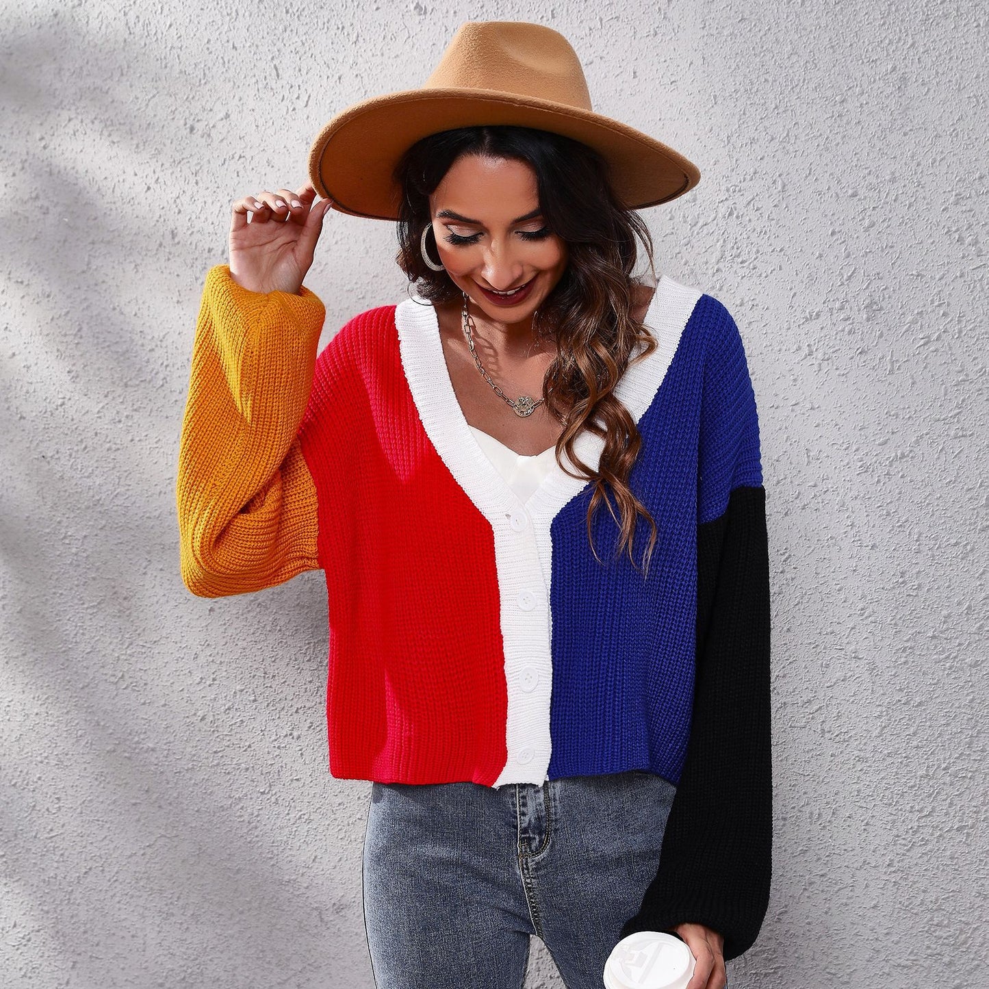 Women's Modern Knitted Cardigan with Colorful Block Stripes and V-Neck Ivyshape