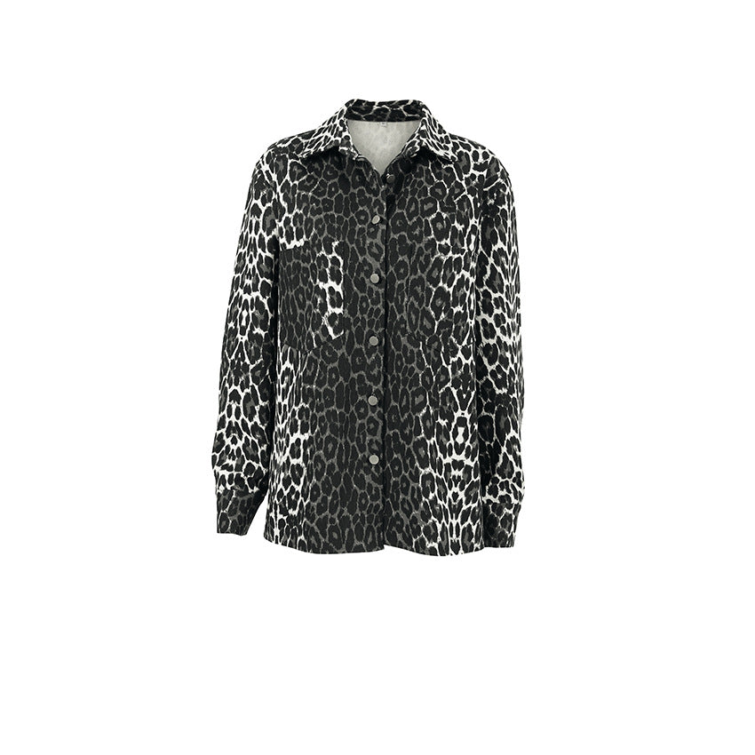 Women Fashionable Leopard Print Overshirt with Pockets Ivyshape