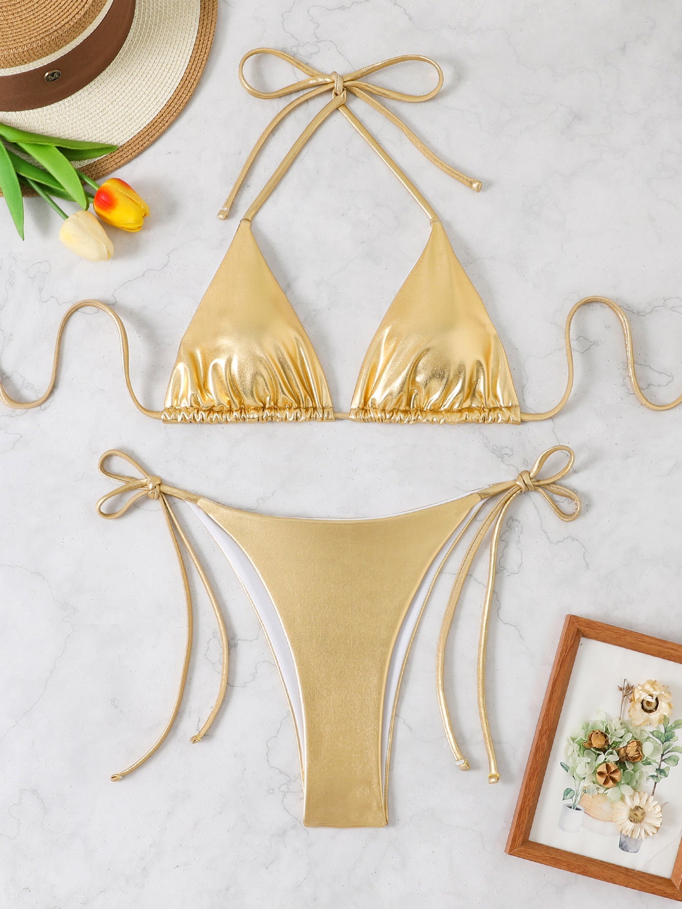 Women's Shiny Triangle Bikini Set with Adjustable Ties Ivyshape