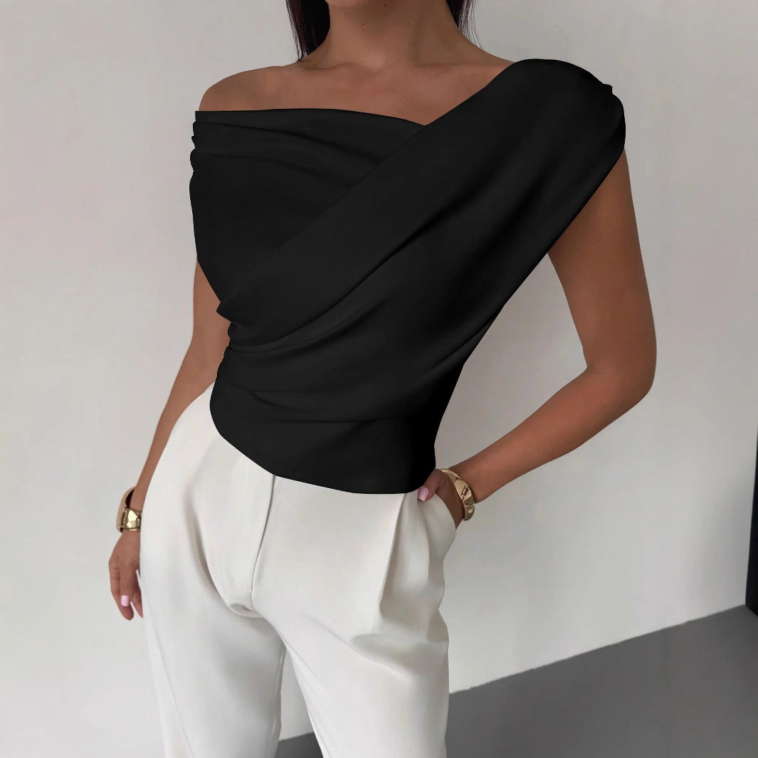 Women Elegant Draped Top with Asymmetrical Cut Ivyshape
