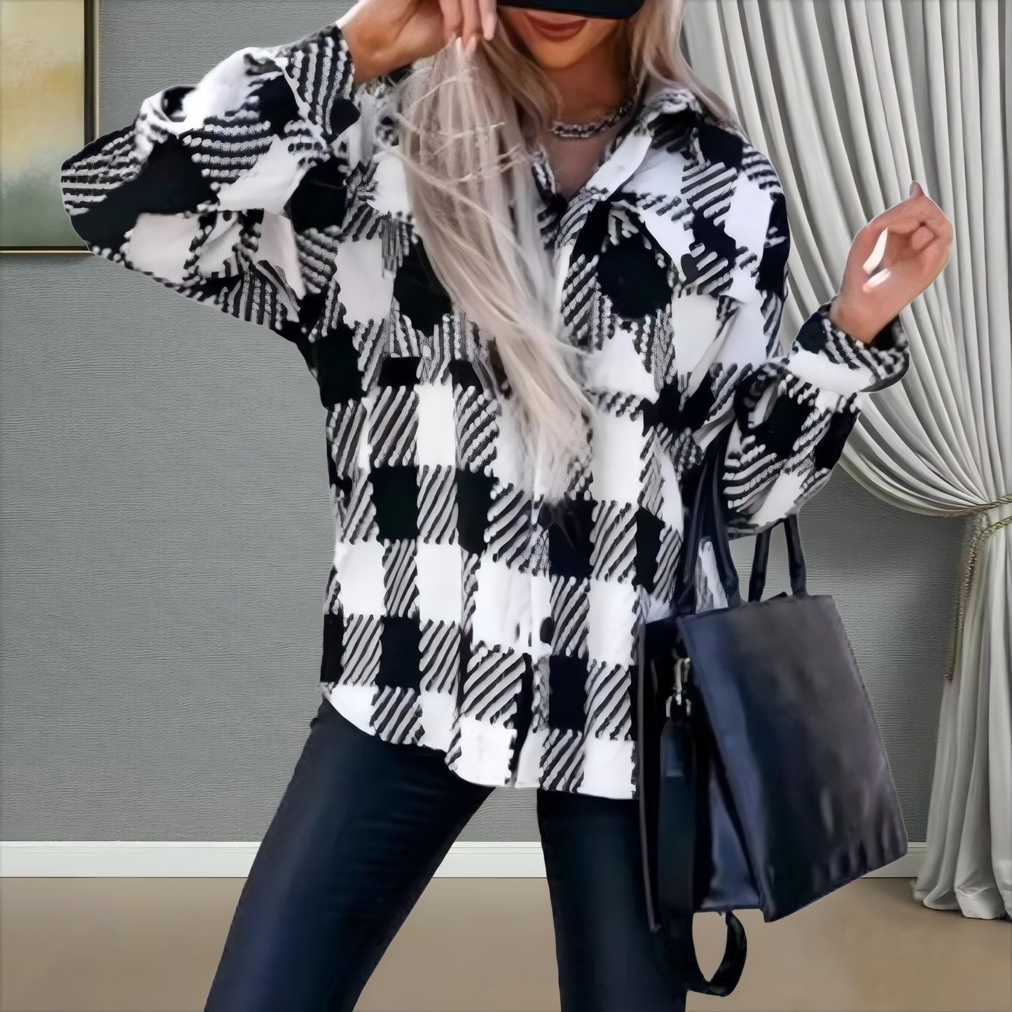 Women Oversized Check Blouse Ivyshape