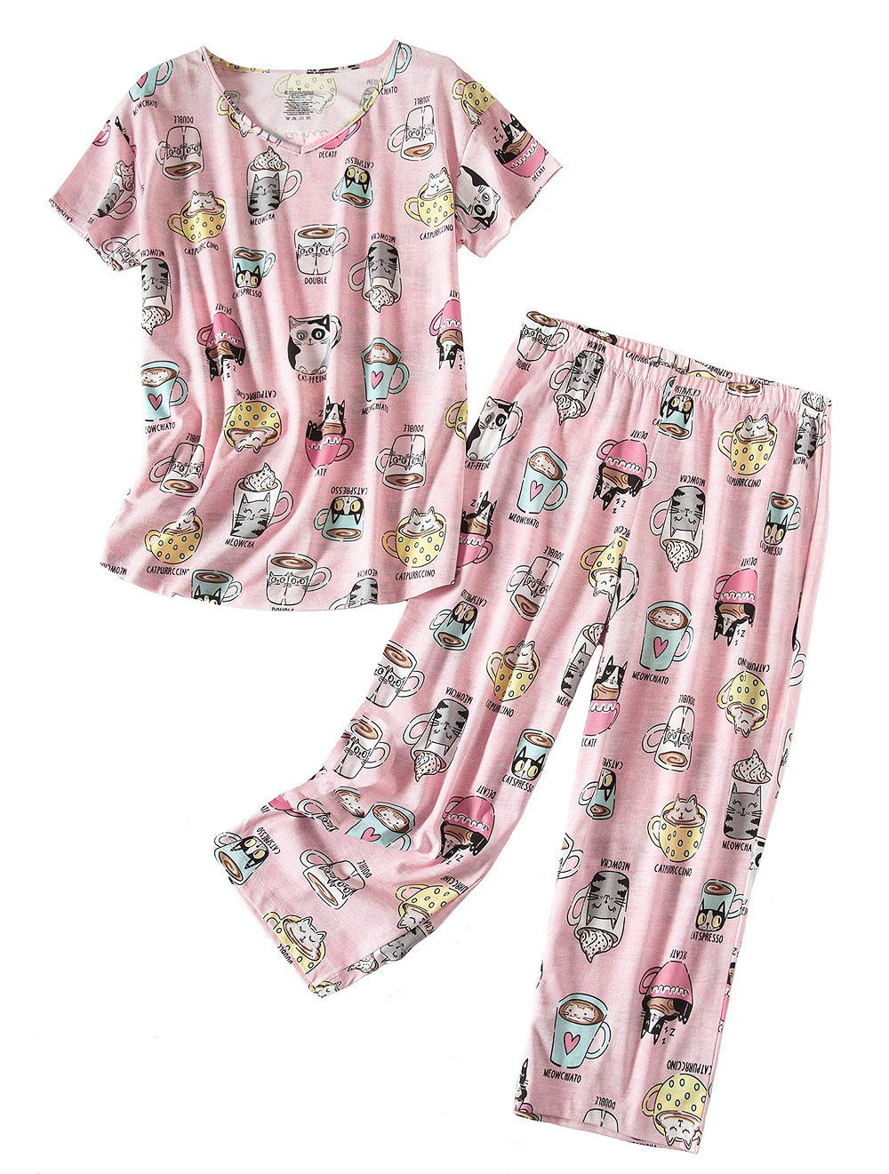 Ladies' pajama set with playful cat motif and elastic waistband Ivyshape