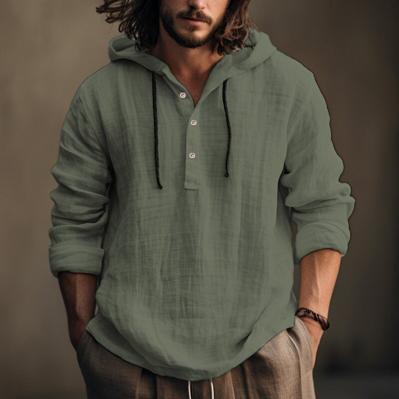 Men's Casual Linen Hoodie Shirt with Button Closure Ivyshape