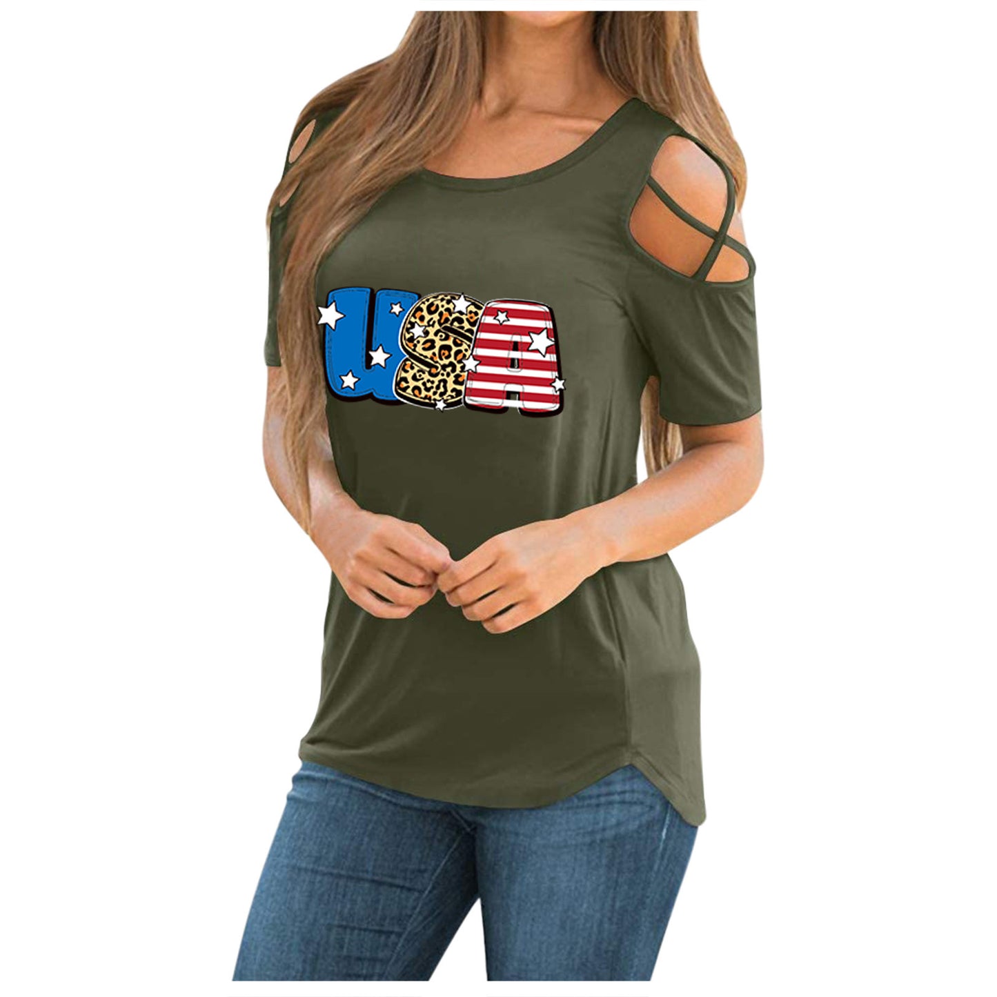 Women's T-shirt with trendy cut-outs and USA print Ivyshape