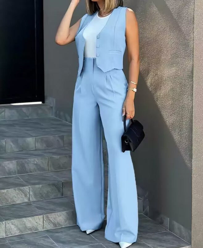 Women Elegant Two-Piece Set with Tailored Blazer and Wide Leg Pants Ivyshape