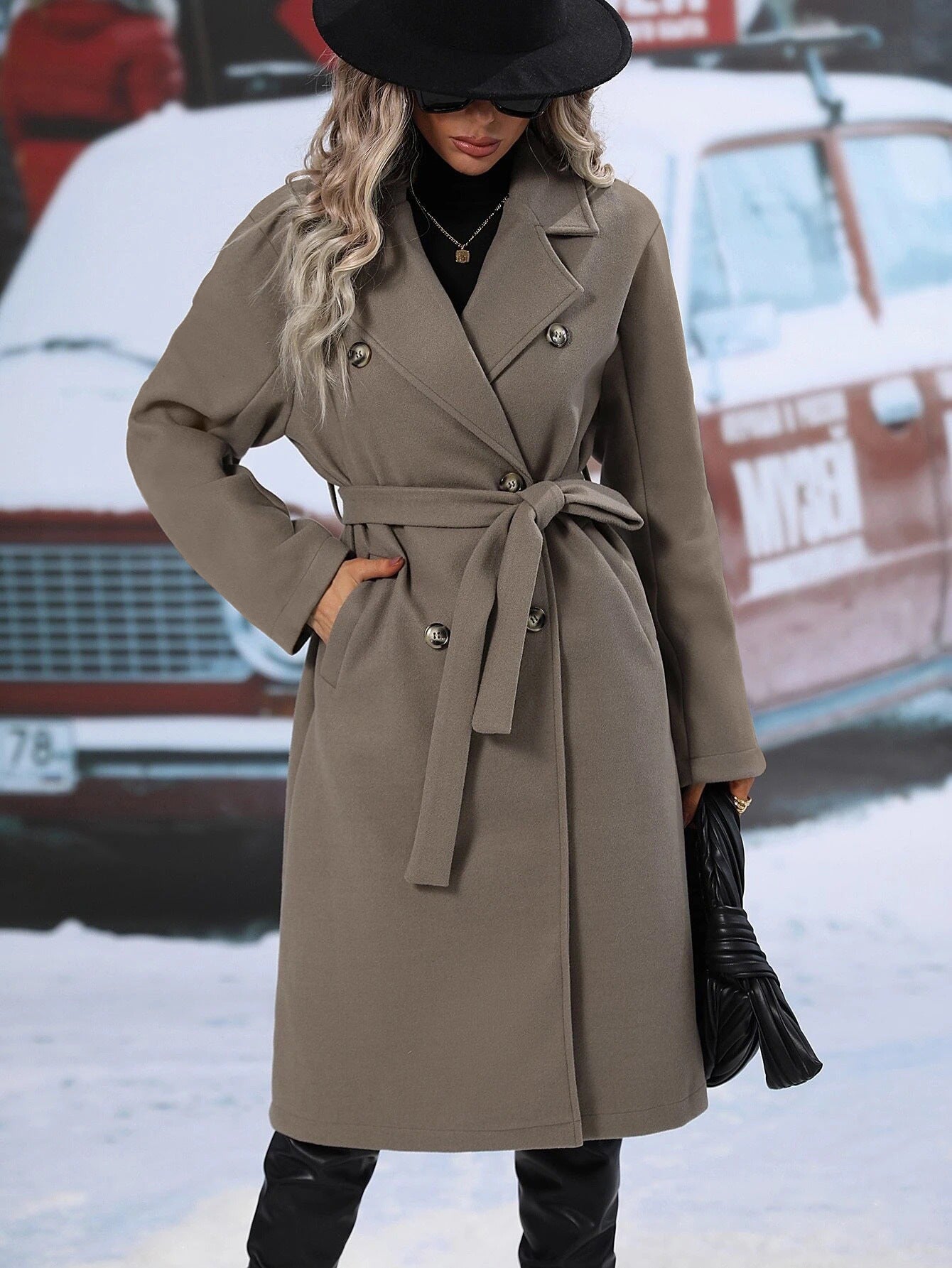 Women's Elegant Trench Coat with Waist Belt and Double Folded Buttons Ivyshape