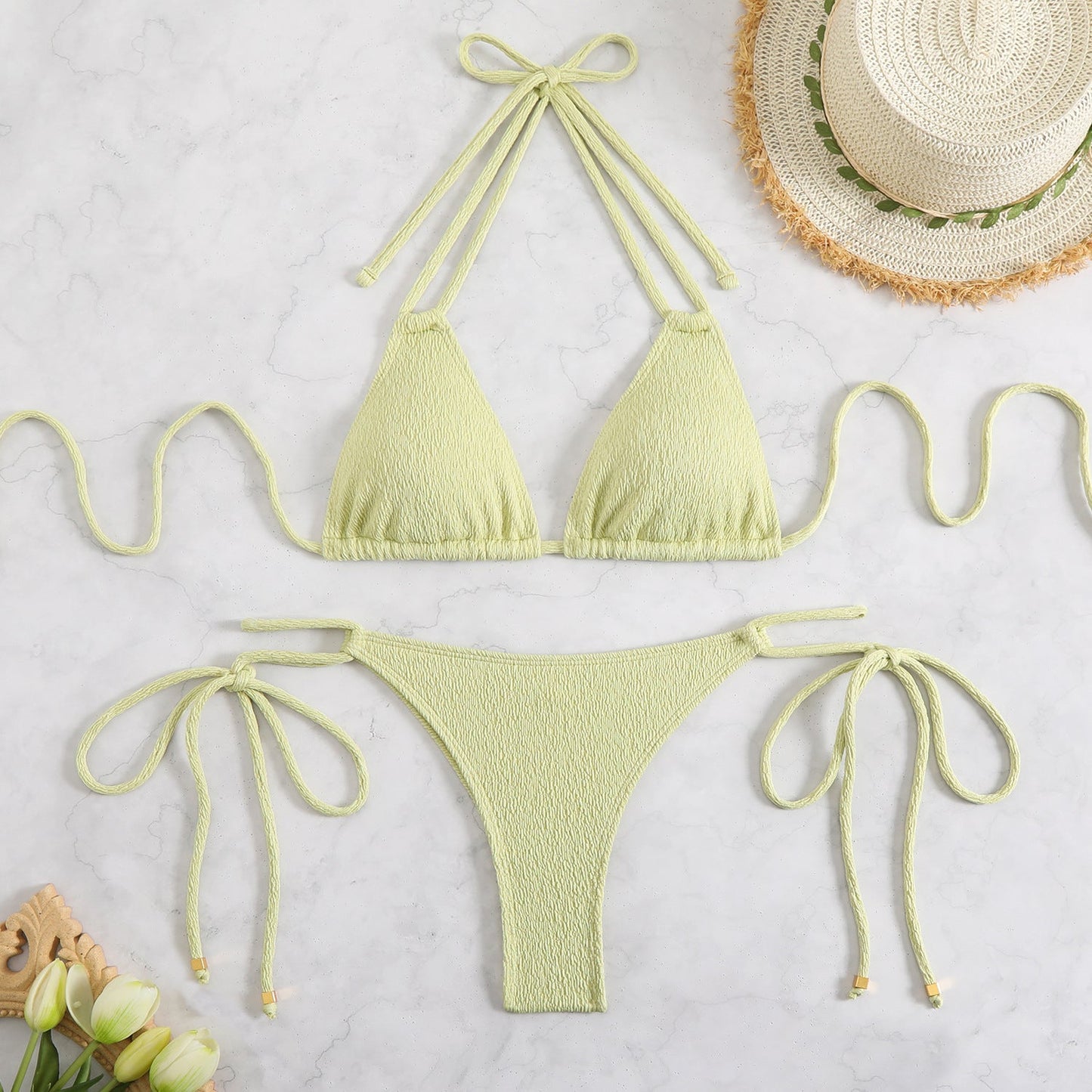 Women's triangle bikini with playful ties and refined textile pattern Ivyshape