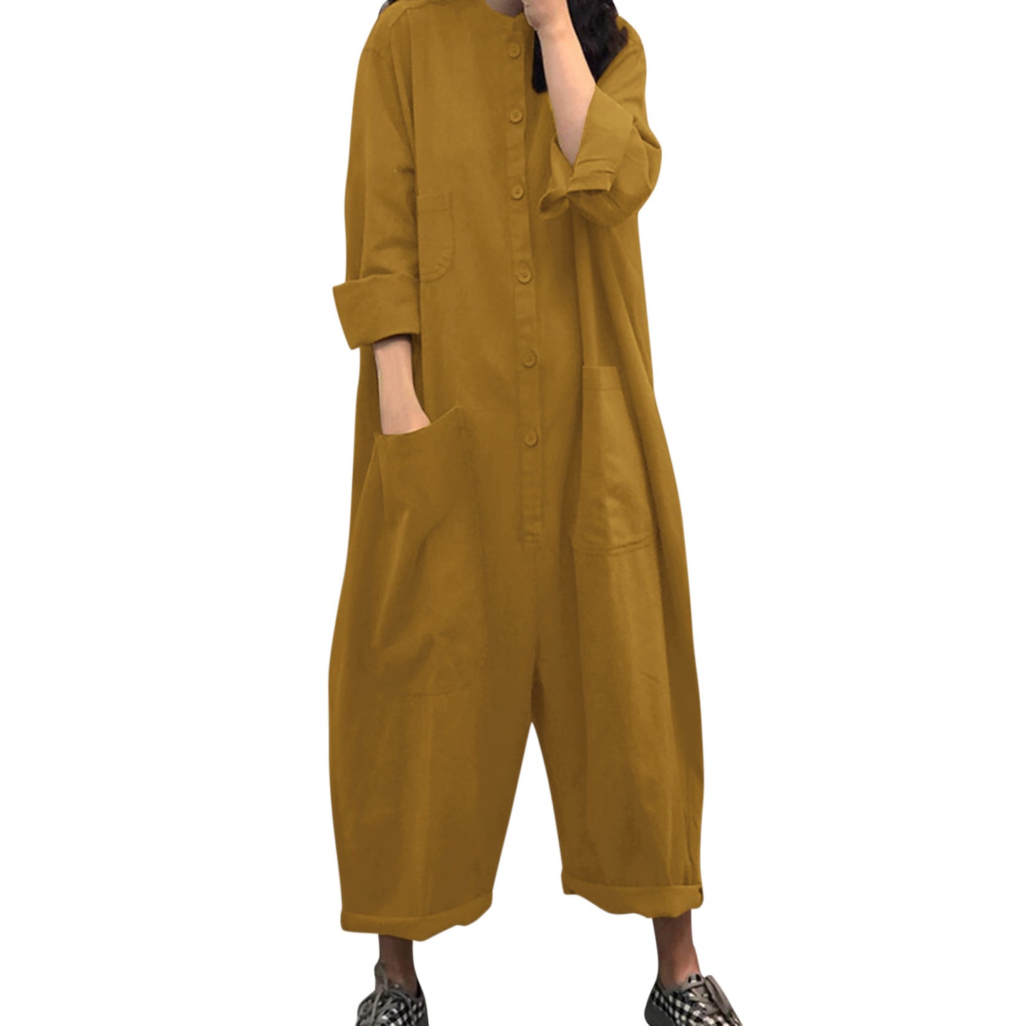 Women's Casual Jumpsuit with Oversized Pockets and Button Closure Ivyshape