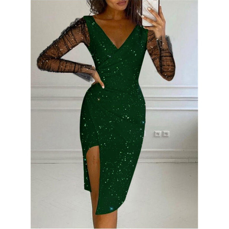 Women Celestial Print Bodycon Midi Dress with Sheer Sleeves Ivyshape