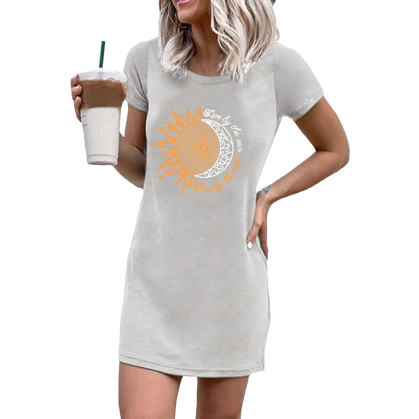 Women's T-shirt dress with creative sun and moon motif Ivyshape