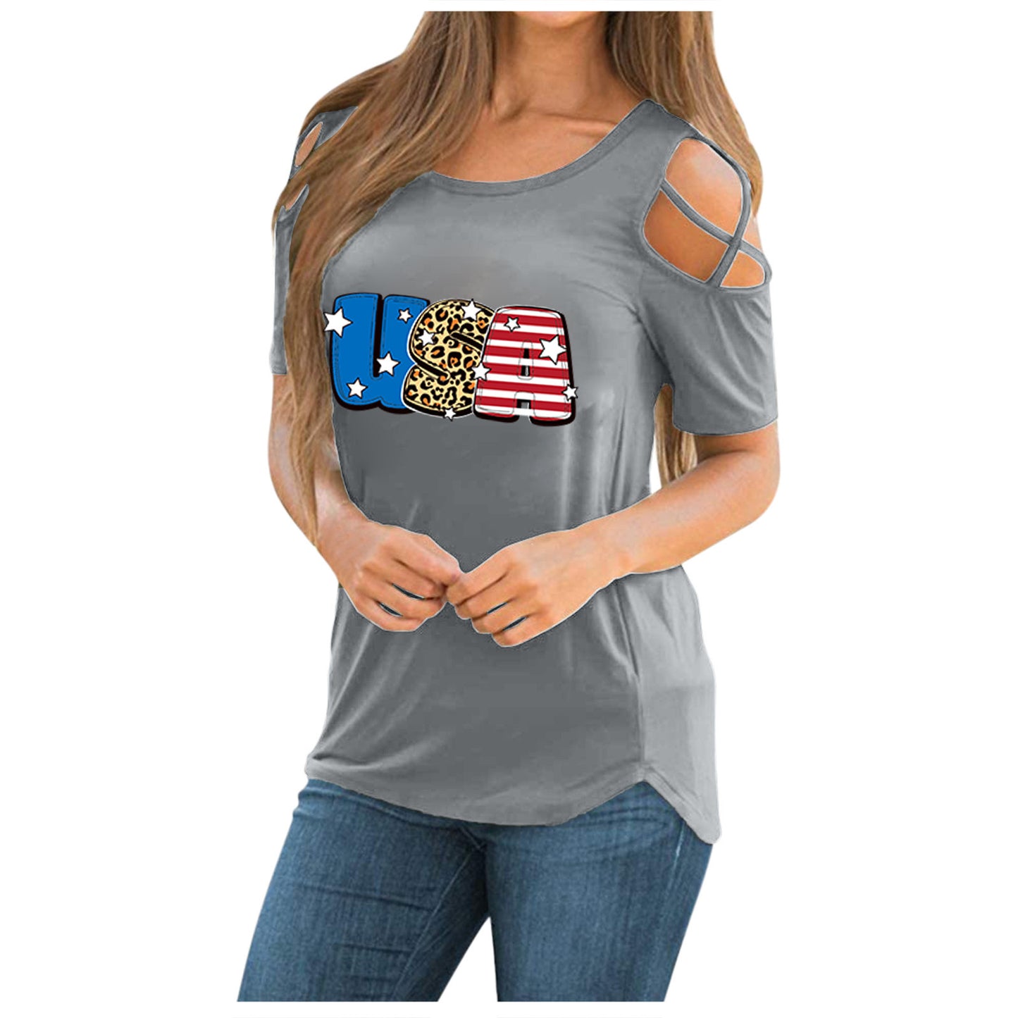 Women's T-shirt with trendy cut-outs and USA print Ivyshape