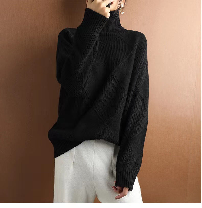 Women's high-quality knitted sweater with standing collar and extravagant diamond pattern Ivyshape