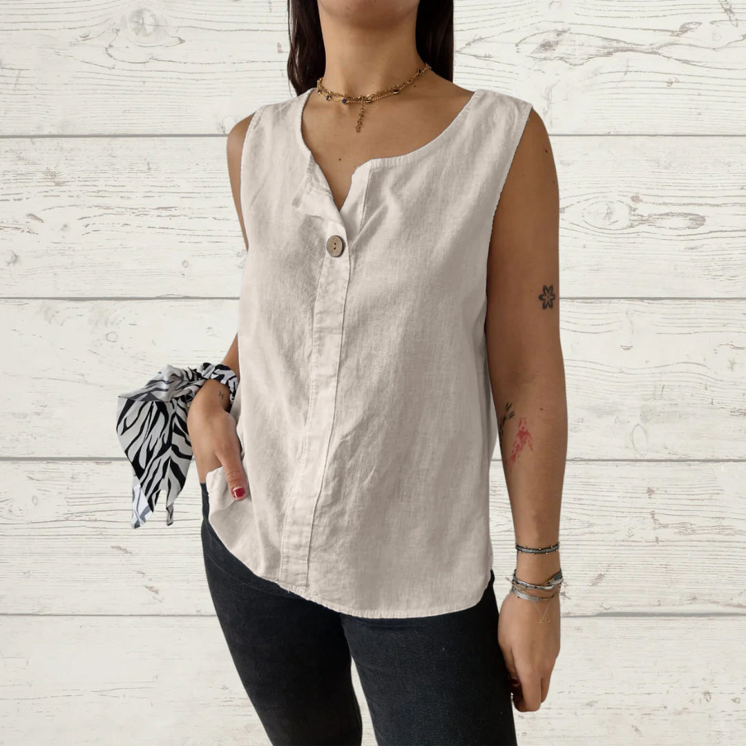 Women Light, Sleeveless Linen Blouse with Button Details Ivyshape