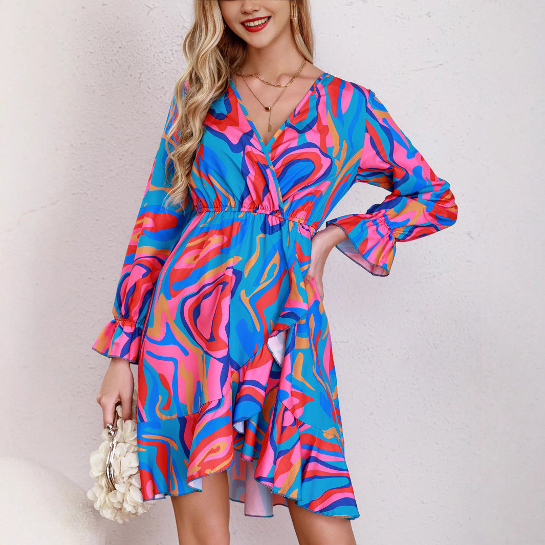 Women's Short Dress with Wrap Design and Cheerful Pattern Ivyshape