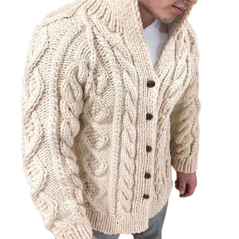 Men's chunky knit cardigan with classic stand-up collar and button closure Ivyshape